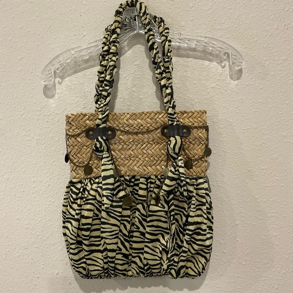 Vintage Sun n’ Sand Animal Print Shoulder Bag Magnetic Straw & Silky Fabric - Picture 1 of 12